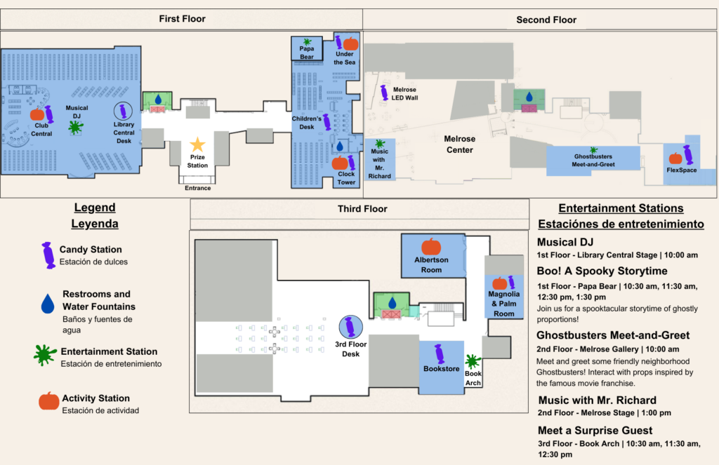 Map of the First, Second, and Third Floors of Orlando Public Library indicating the location of five entertainment stations (Musical DJ, Boo A Spooky Storytime, Ghostbusters Meet-and-Greet, Music with Mr. Richard, Meet a Surprise Guest). The map legend includes candy stations, restooms and water fountains, entertainment stations, and activity stations.