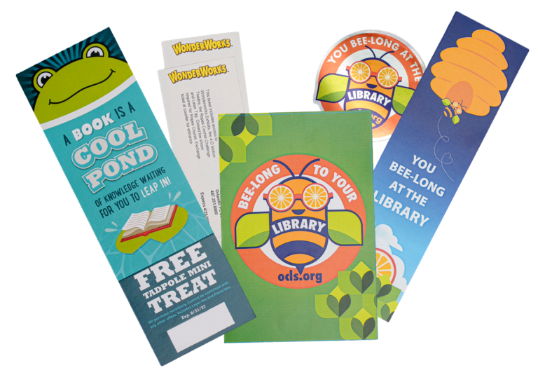 National Library Week prize pack, including a library bookmark, sticker, tickets to Wonder Works and a voucher for Jeremiah's  Italian Ice.