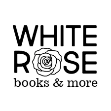 "white rose books & more" logo with a rose as the "o"