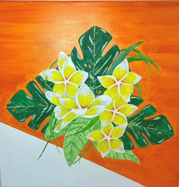 Painting of yellow flowers among lush green leaves. Background is shades of orange.