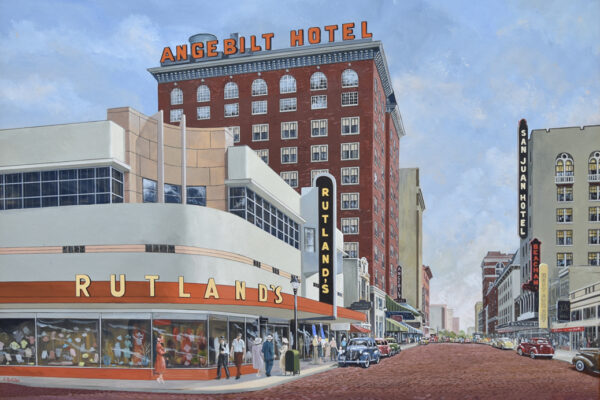 Painting of vintage Downtown Orlando, featuring the Angebilt Hotel and Rutlands store. Vintage cars can be seen along the street and people walking along the sidewalk.