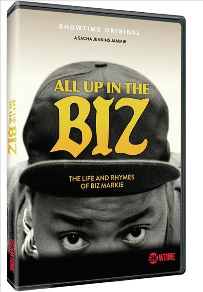 Cover art for All up in the biz : the life and rhymes of Biz Markie / written by Sacha Jenkins and Andre Wilkin   directed by Sacha Jenkins.