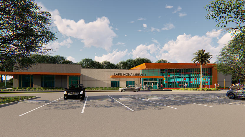 Architect's (Borrelli + Partners) rendering of the front of the Lake Nona Branch.