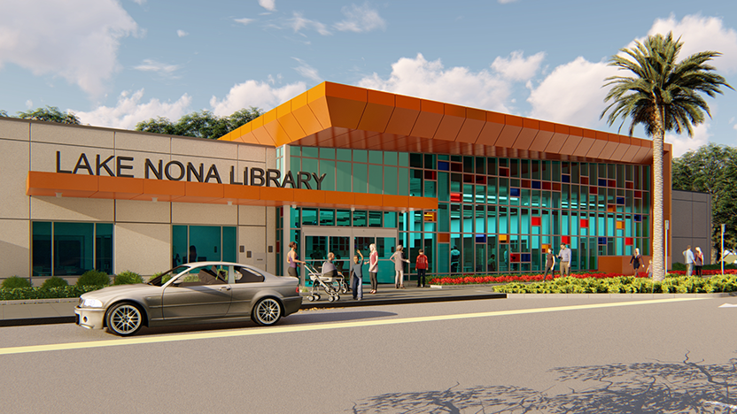 Architect's rendering of the front of the Lake Nona Branch.