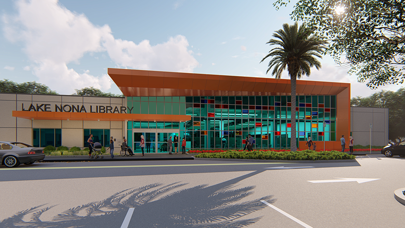 Architect's rendering of the front of the Lake Nona Branch.