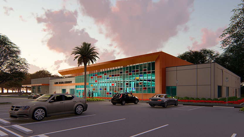 Architect's rendering of the front of the Lake Nona Branch.
