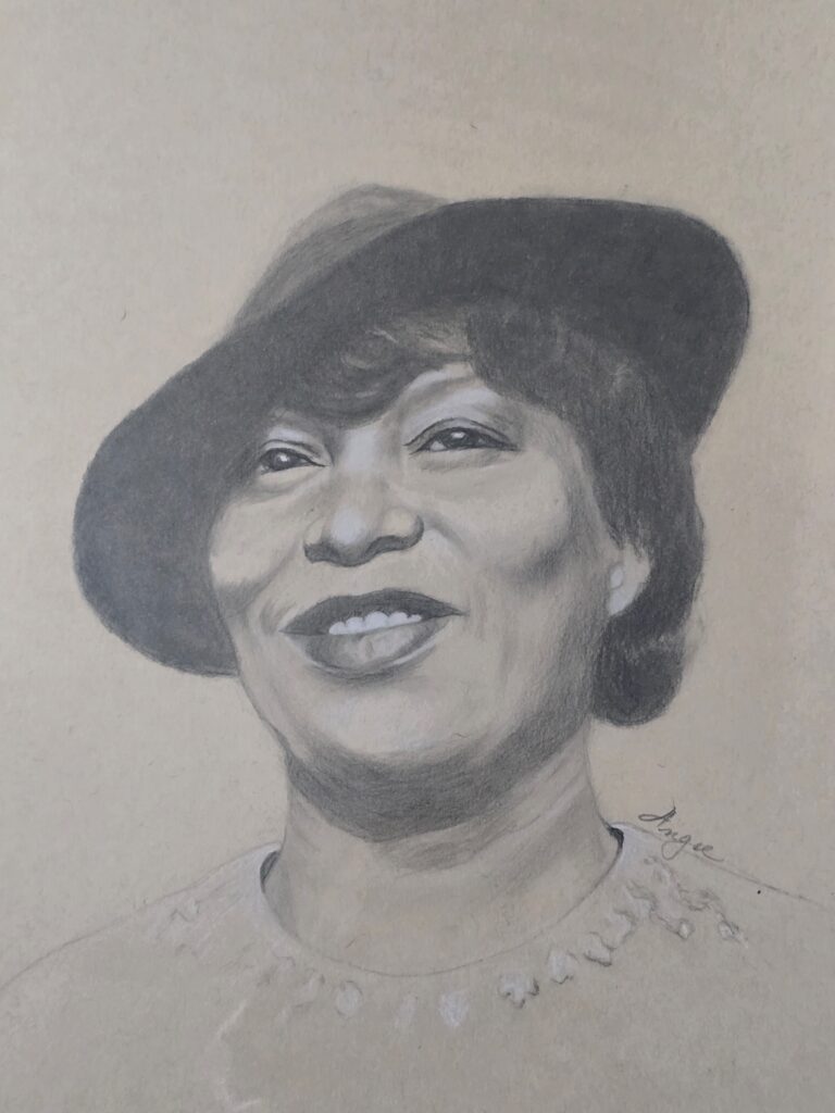 Detailed portrait of Zora Neale Hurston rendered in graphite