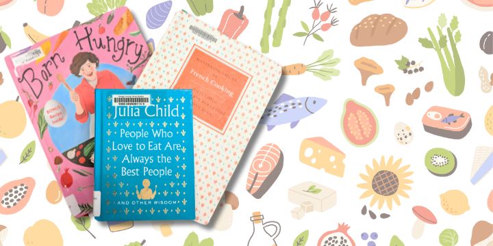 three Julia Child books fanned out on background of food item drawings