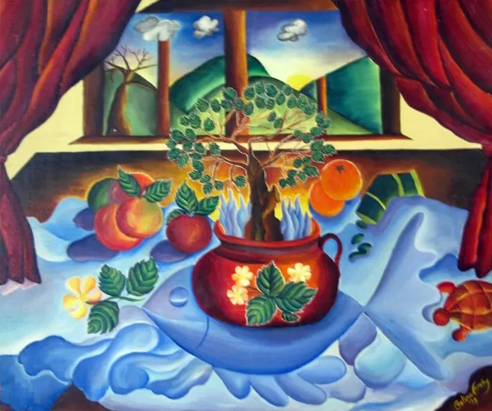 Surreal painting of small orange tree in a burning jug surrounded by red curtains. Artist Galina Crosby Reese.