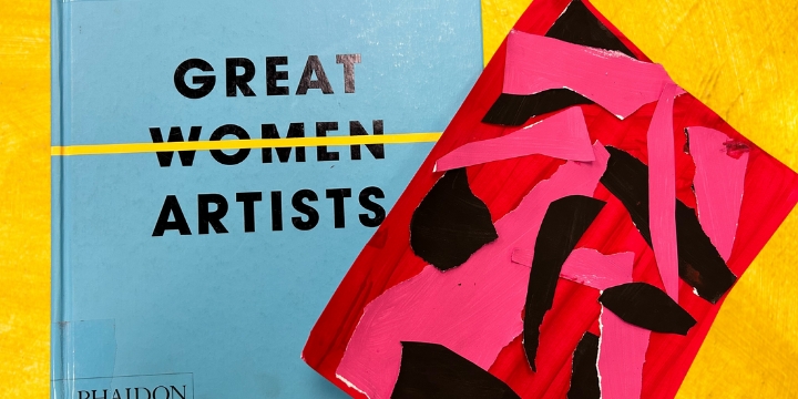 Book with "women" scratched out of title to read "Great Artists" next to a red, pink and black collage in the style of Lee Krasner