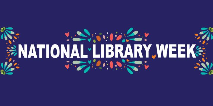 National Library Week banner with colorful splashes and blue background