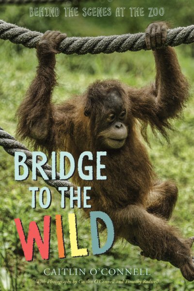 Cover art for Bridge to the wild : behind the scenes at the zoo / Caitlin O'Connell   with photographs by Caitlin O'Connell and Timothy Rodwell.
