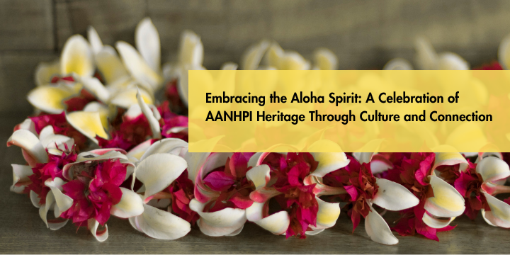Lei with white and pink flowers on a gray woodgrain background with text block about AANHPI article