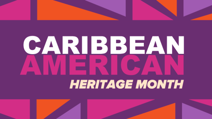 Pink, purple and orange abstract shapes surround the words "Caribbean American Heritage Month"