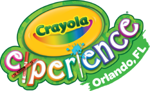 Colorful Crayola Experience text on a yellow and green background