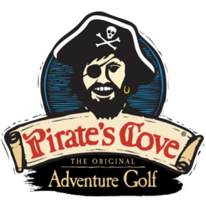 Pirate smiling above the Pirate's Cove Adventure Golf logo