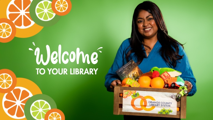 A woman on a green background smiles while holding a crate full of oranges, children's toys, and the book "Percy Jackson and the Olympians". The text "Welcome to your library" is next to her, along with colorful orange graphics.