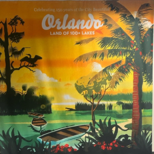 Mural depicting lake side scene with palm tree in the foreground, canoes on the water, and cypress tree in background