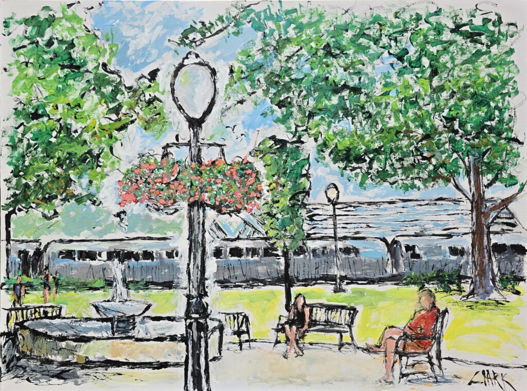 Painting by Gary Clark. Scene shows a Sunrail train passing by a park with people sitting on benches.