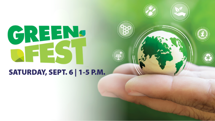 A close up of a hand holding a small globe, with the text "GreenFest".
