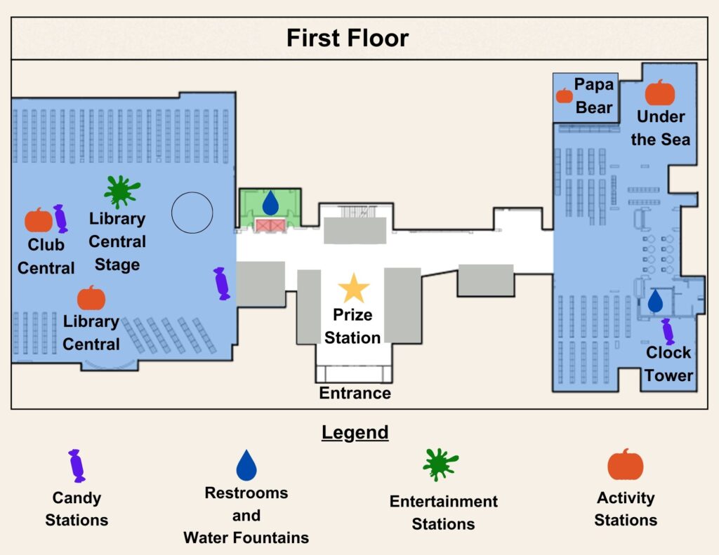 Map of the first floor of Orlando Public Library indicating the locations of the Entrance, Prize Station, Library Center, Library Central Stage, Club Central, Papa Bear, Under the Sea and the Clock Tower. The map legend includes candy stations, restrooms and water fountains, entertainment stations, and activity stations.