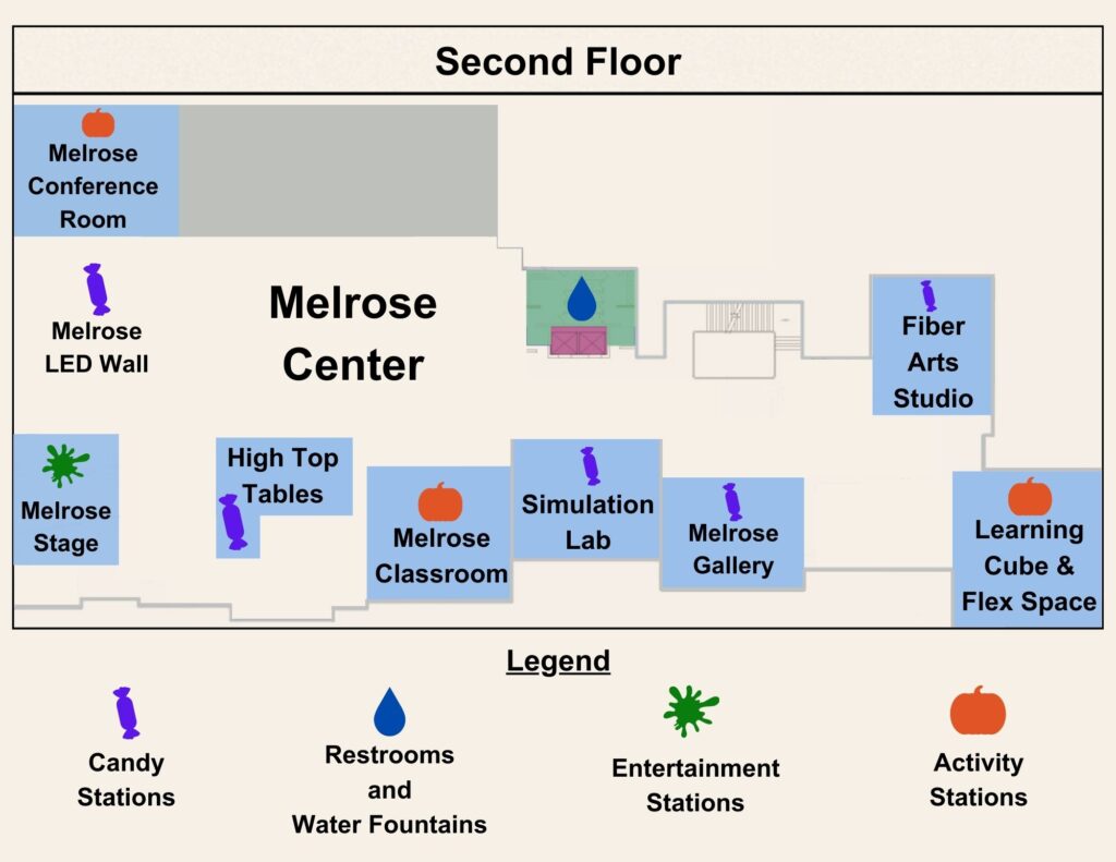 Map of the Melrose Center in the Orlando Public Library indicating the locations of the Melrose Conference Room, Melrose LED Wall, Melrose Stage, High Top Tables, Melrose Classroom, Simulation Lab, Melrose Gallery, Fiber Arts Studio and the Learning Cube & Flex Space. The map legend includes candy stations, restrooms and water fountains, entertainment stations, and activity stations.