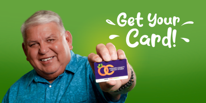 Man holds OCLS card out with "Get Your Card" message