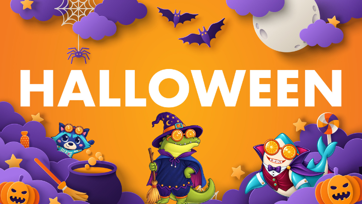 The word "Halloween" is surrounded by animal characters dressed in costume.