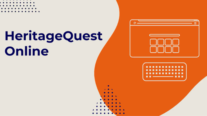 An orange and white background with a clipart image of a computer along with the words "HeritageQuest Online"