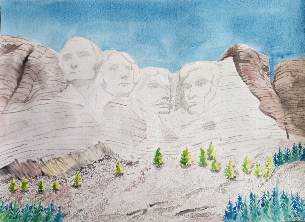 Watercolor painting of Mount Rushmore by Milkos Cruz