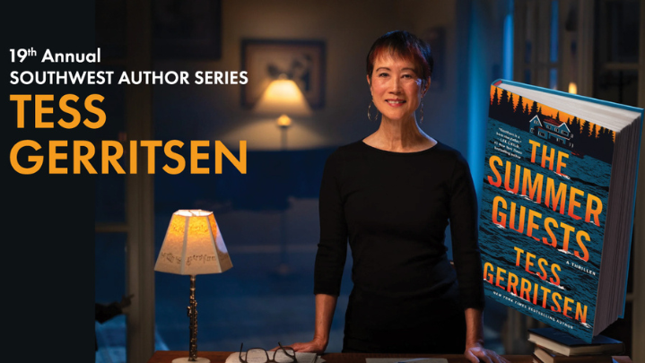 Author Tess Gerritsen poses next to her novel "The Summer Guests"