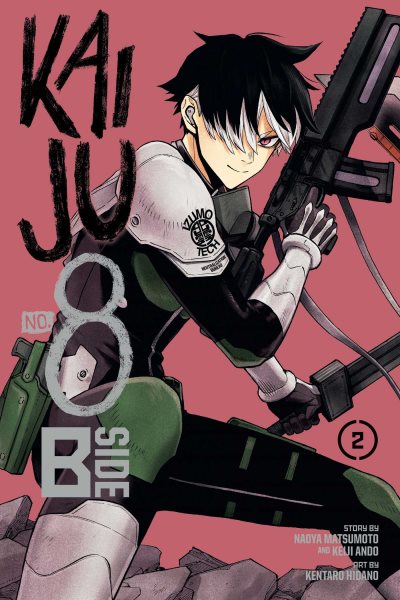 Cover art for Kaiju no. 8 : B-side. Volume 2 / story by Naoya Matsumoto and Keiji Ando   art by Kentaro Hidano   translation: David Evelyn   Shonen Jump series lettering