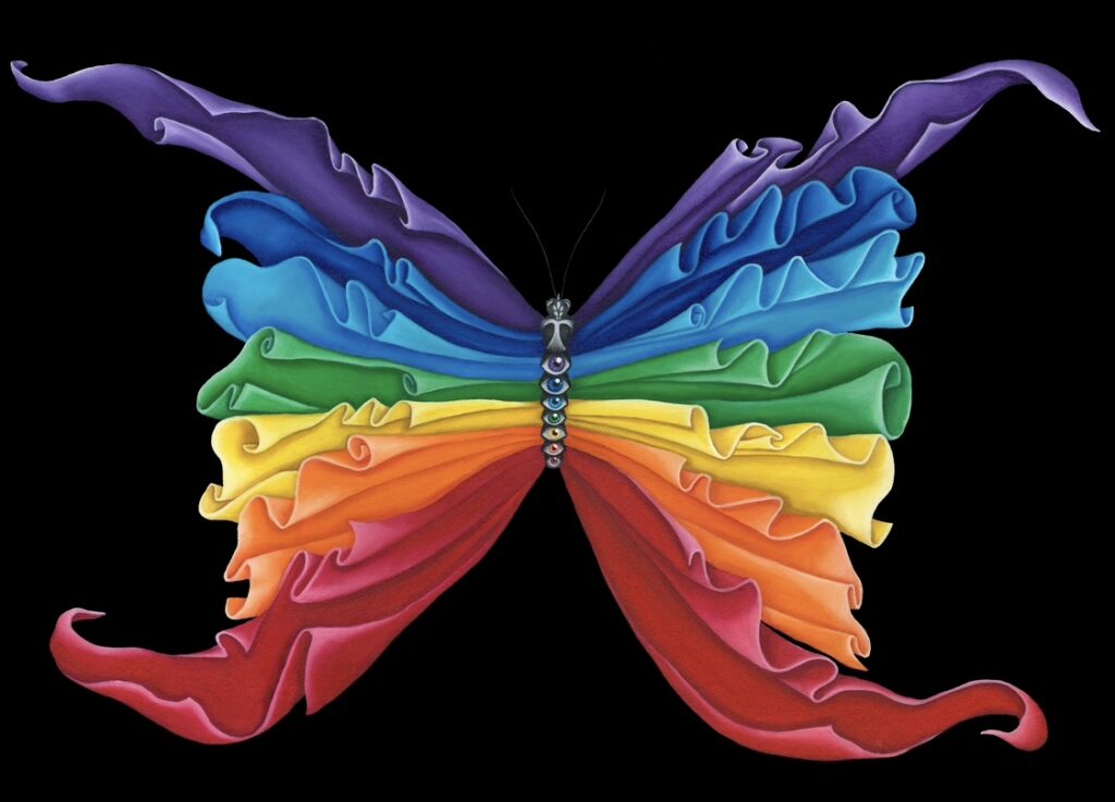 Painting by Rebeca Marrero. Butterfly made up of rainbow fabric strips, body made of eyes matching fabric colors.