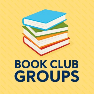 Stack of colorful books with the text ‘Book Club Groups.
