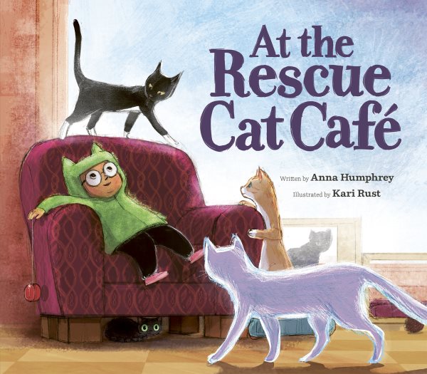 Cover art for At the rescue cat café / written by Anna Humphrey   illustrated by Kari Rust.