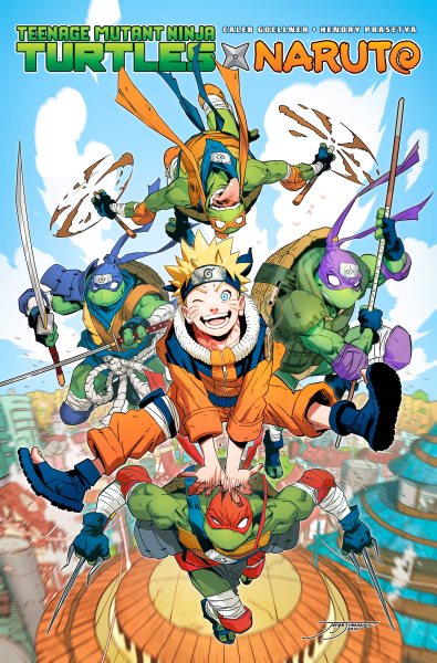 Cover art for Teenage Mutant Ninja Turtles X Naruto / written by Caleb Goellner   art by Hendry Prasetya   colors by Raúl Angulo   letters by Ed Dukeshire.