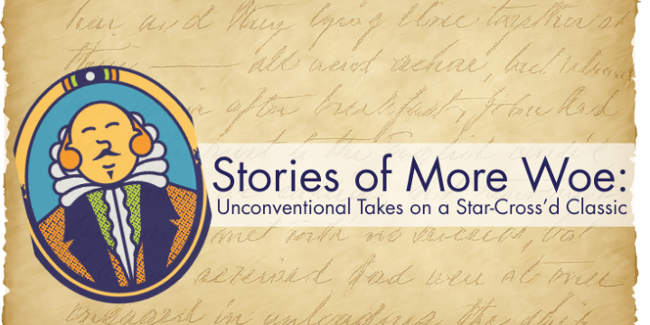 Cartoon depiction of William Shakespeare over handwritten document