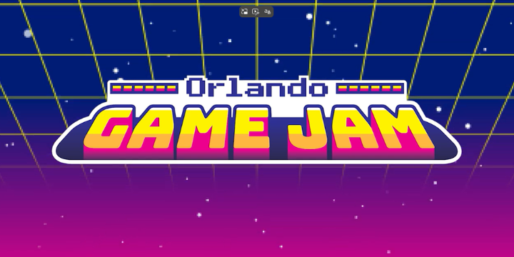 Orlando Game Jam logo on blue and purple digital background