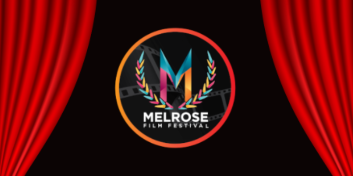Melrose Film Festival logo on black background with parted red curtains