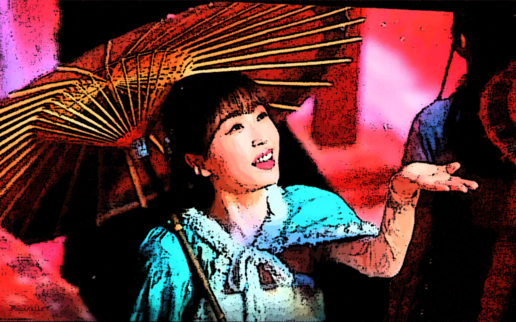 Heavily filtered photo of an Asian woman holding an umbrella, holding hand out to check for rain. Created by Frank Boscarello.