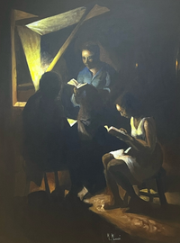 Mansour Masse's Pages of Hope painting depicts three people reading by lamplight