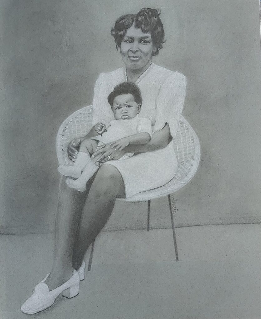 Black and white charcoal/graphite portrait of a black woman wearing a white dress sitting in a chair holding a baby. Artist: Angie Vasquez