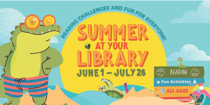 Summer at Your Library promo image with Alligator at the beach