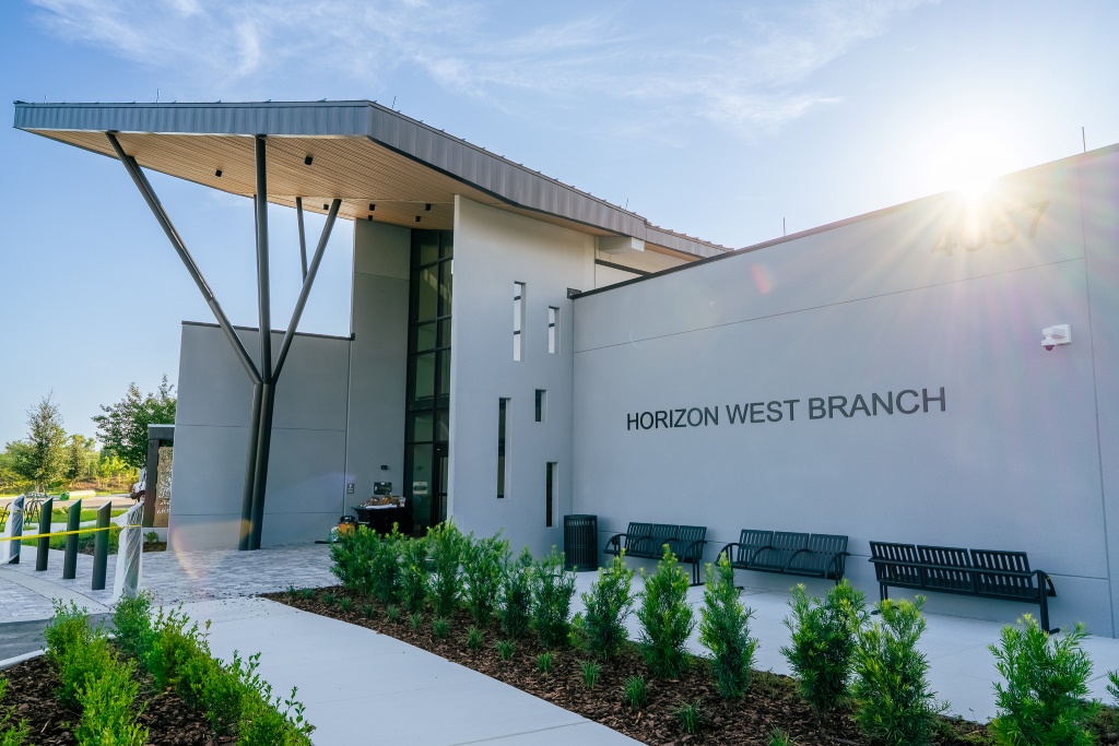 Exterior of Horizon West Branch building with modern architecture and landscaped walkway.