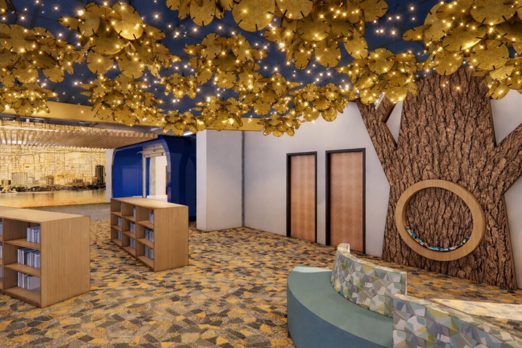 Rendering of the Orlando Public Library's planned first renovation. Children's area featuring bookshelves, seating and wall art in the shape of a tree with branches spreading out across the ceiling, acting as lighting and sound baffling.