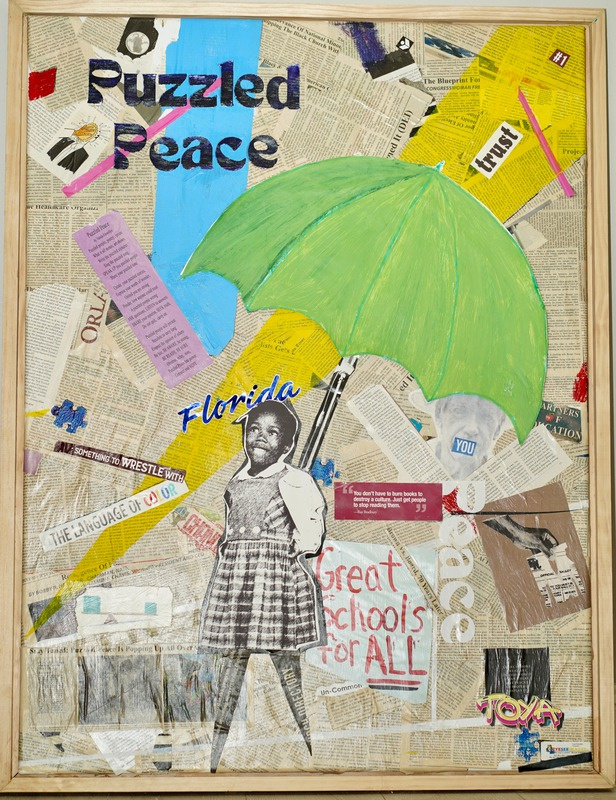 Puzzled Peace by Toya Flewellyn. Collage created with newspaper clippings, featuring a smiling Black girl carrying an umbrella.